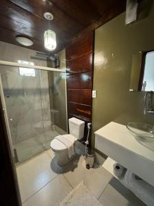 帕蒂杜阿尔费里斯Pousada Recanto Querubins的带淋浴、卫生间和盥洗盆的浴室