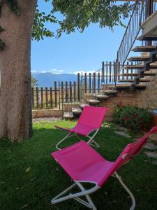 苏尔莫纳Il Bagolaro Casa Vacanze的坐在树旁的草地上的粉红色椅子