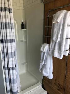 皮克顿Hill Street Hangout的浴室提供淋浴帘上的白色毛巾