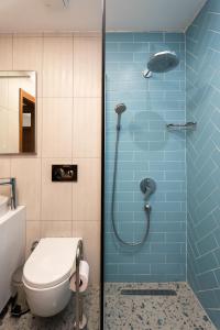 格克切达镇TERRA GAİA Hotel的浴室设有卫生间和蓝色瓷砖淋浴。