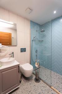 格克切达镇TERRA GAİA Hotel的一间带卫生间和玻璃淋浴间的浴室