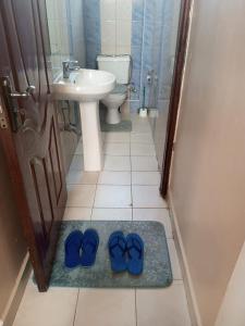 内罗毕Gloria House的浴室设有水槽,地毯上挂着两双蓝鞋