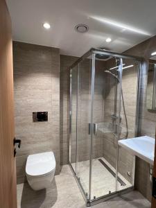 霍宁斯沃格Arctic Hotel Nordkapp的带淋浴、卫生间和盥洗盆的浴室