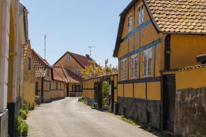 阿灵厄斯莱格特斯伽登潘森酒店的街上一条有黄色和黑色房屋的小巷