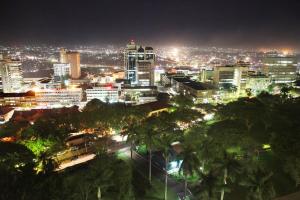 坎帕拉Sheraton Kampala Hotel的夜晚的城市景观