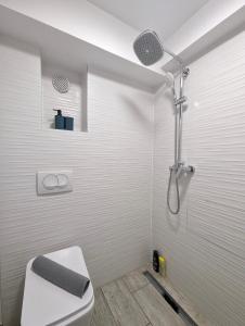 赛斯韦泰Cozy Room w A/C, 65'' TV & Floor Heating的带淋浴、卫生间和盥洗盆的浴室