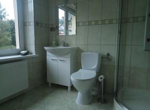 库多瓦-兹德鲁伊Pokoje gościnne Norbu的浴室配有卫生间、盥洗盆和淋浴。