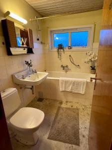 翁达尔斯内斯Villa Utsikten Kongen的浴室配有卫生间、浴缸和水槽。