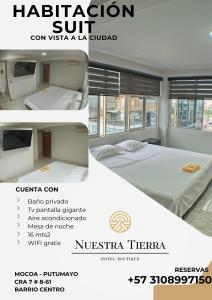 莫科阿Nuestra Tierra Hotel Boutique的一张在房间带一张床的酒店传单