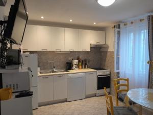 波斯蒂拉Apartments with a parking space Postira, Brac - 2911的厨房配有白色橱柜、水槽和桌子