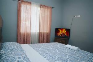 圣米格尔Encantadora Casa de Residencial的一间卧室设有一张床,壁炉内设有一个壁炉