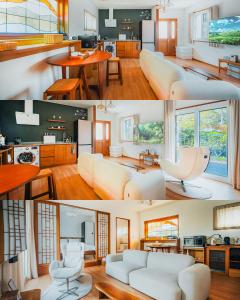 西归浦市Dazayo Hacheon Breeze House Pakeori - Pet friendely的客厅三张照片的拼贴画