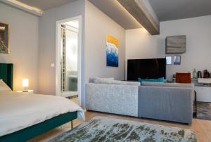 博洛尼亚Piazza Maggiore Santa Margherita b&b的一间卧室配有一张床、一张沙发和一台电视。