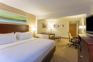 林夕昆高地Holiday Inn Baltimore BWI Airport, an IHG Hotel的酒店客房设有一张大床和一张书桌。