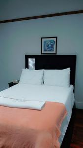 德班Gielex Guest House的一张配有白色床单和蓝色墙壁的大床