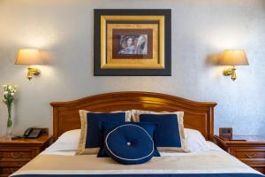扎达尔尼科酒店的一间卧室配有一张带蓝色枕头的床