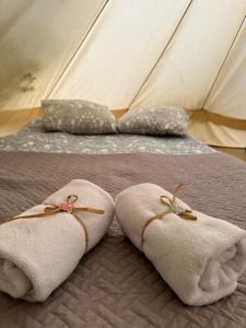 西斯纳迪奥拉Glamping Cisnadioara的帐篷内的床上一双毛巾