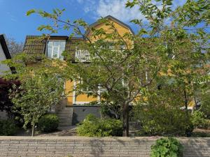摩尔比兰加Hotell Magasin 1的前面有一棵树的黄色房子