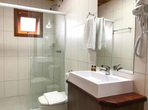 格拉玛多Hotel Triveneto Gramado的一间带水槽、淋浴和卫生间的浴室
