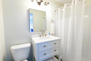桑达斯基Anchor Bay Inn and Suites的一间带水槽、卫生间和镜子的浴室
