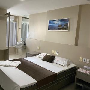 劳鲁-迪弗雷塔斯奥尼克斯机场酒店的一间带大床的卧室和一间浴室