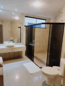 伊塔布纳Hotel Veneza的浴室配有卫生间、盥洗盆和淋浴。