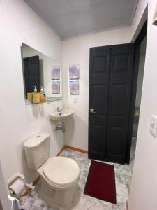 希龙Green Apartment el prado的一间带卫生间、水槽和黑色门的浴室
