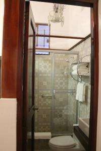 伊基托斯Epoca Iquitos的一间带卫生间和玻璃淋浴间的浴室