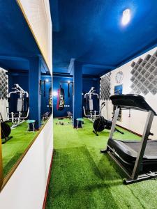 洛哈Hotel Metropolitano的一间拥有蓝色墙壁和绿色地毯的健身房