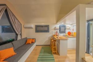 塞里克Efe Tiny House的带沙发的客厅和厨房