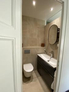 日内瓦日内瓦住宅国家公寓的一间带卫生间、水槽和镜子的浴室