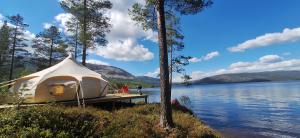 HauggrendTelemark Camping的湖边码头上的白色帐篷