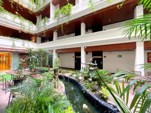 曼谷Arawana Regency Park Sukhumvit的一座有池塘和植物的建筑的中庭