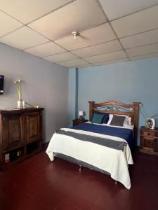 危地马拉Casa Bienestar的一间卧室配有一张蓝色墙壁的床
