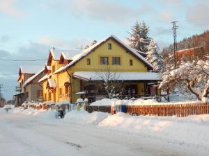 FrýdštejnGuest House Vila Frýdštejn的黄色的房子被雪覆盖