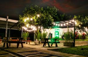 亚美尼亚Finca Hotel Palmas Del Edén的天井配有野餐桌和夜间照明灯。
