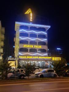萨姆松ATAKUM PALAS OTEL的一家晚上停在酒店前面的汽车酒店