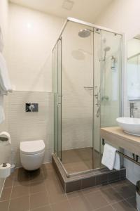 维尔纽斯兰宁凯城市酒店的带淋浴、卫生间和盥洗盆的浴室