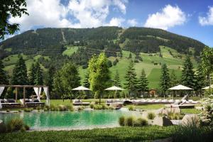 盖洛斯Traumhotel Alpina Superior Adults Only Hotel的山地游泳池的度假村