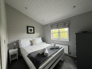 达尔比蒂Holly Blue - Cosy wooden lodge Kippford的一间小卧室,配有带毛巾的床