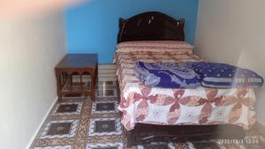 卢克索萨拉姆营地旅馆的一间小卧室,配有一张床,铺有瓷砖地板