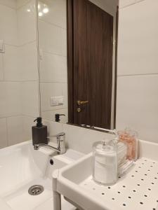 布达佩斯Fancy home Budapest的白色的浴室设有水槽和镜子