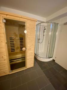 上陶恩Appartements "ALPS" by Kamper的带淋浴的浴室和玻璃门