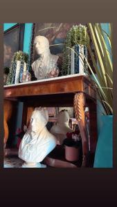 Art action room的木架上挂着雕像和植物