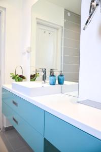 布达佩斯蓝色奢华公寓的一间带水槽和镜子的浴室