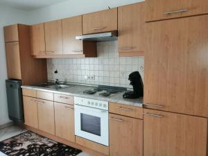蒂蒂湖-新城Haus Sommerberg的厨房配有木制橱柜和炉灶烤箱。