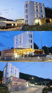 比耶洛波列Apartmani BJELASICA的两幅白色建筑的照片,灯亮