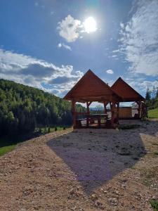 戈尔达德苏斯Pensiunea Poarta Lui Ionele的天空中阳光下的木制野餐棚