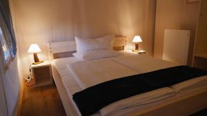圣卡尼兹Camping Breznik的一间卧室配有一张带两盏灯的大型白色床。