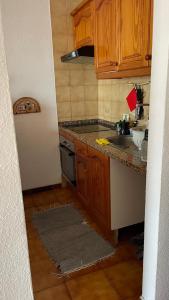 圣米格尔德阿沃纳Parque Albatros的厨房配有木制橱柜、水槽和柜台。
